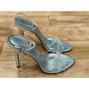 Schutz Silver Metallic Leather Clear PVC Stiletto Heel Sandals Womens 8B
